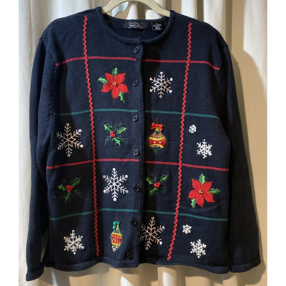VTG XL Embroidered Black Christmas Cardigan Sweater RETRO Grannycore Ugly Holi